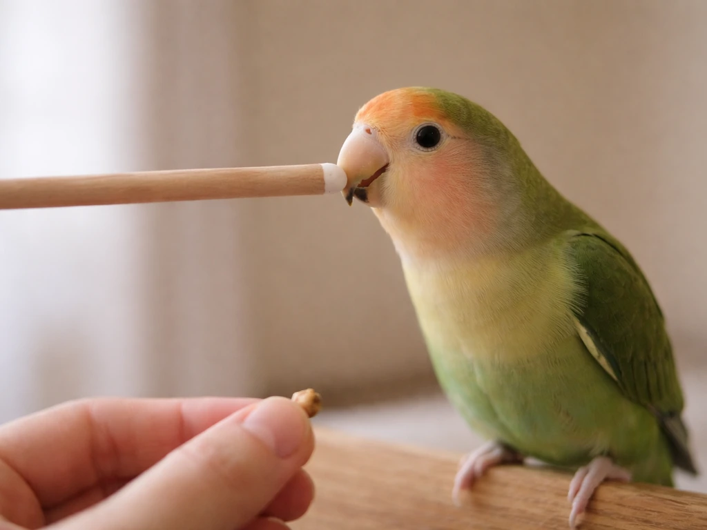 Small pet bird gently touches the tip of a target stick as a treat reward is ready.