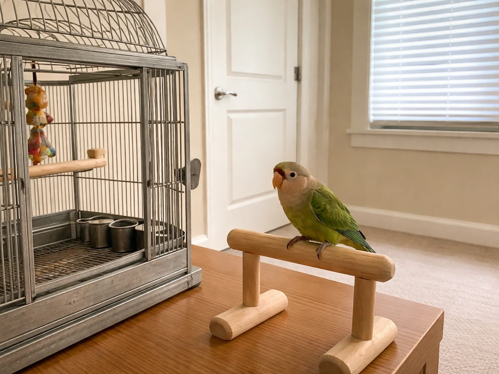 Pet parrot step-up perch near an open cage in a quiet room with doors and windows shut