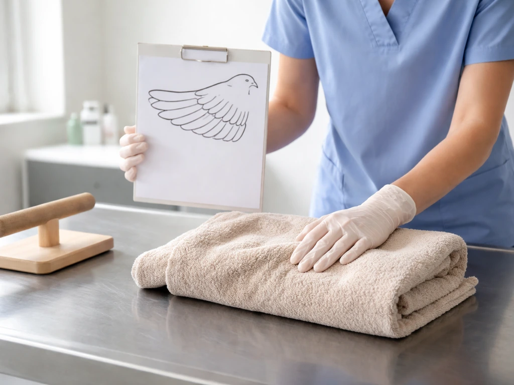 Vetorinarian in a clinic preparing a bird-safe handling restraint with wing-feather trim reference guide.