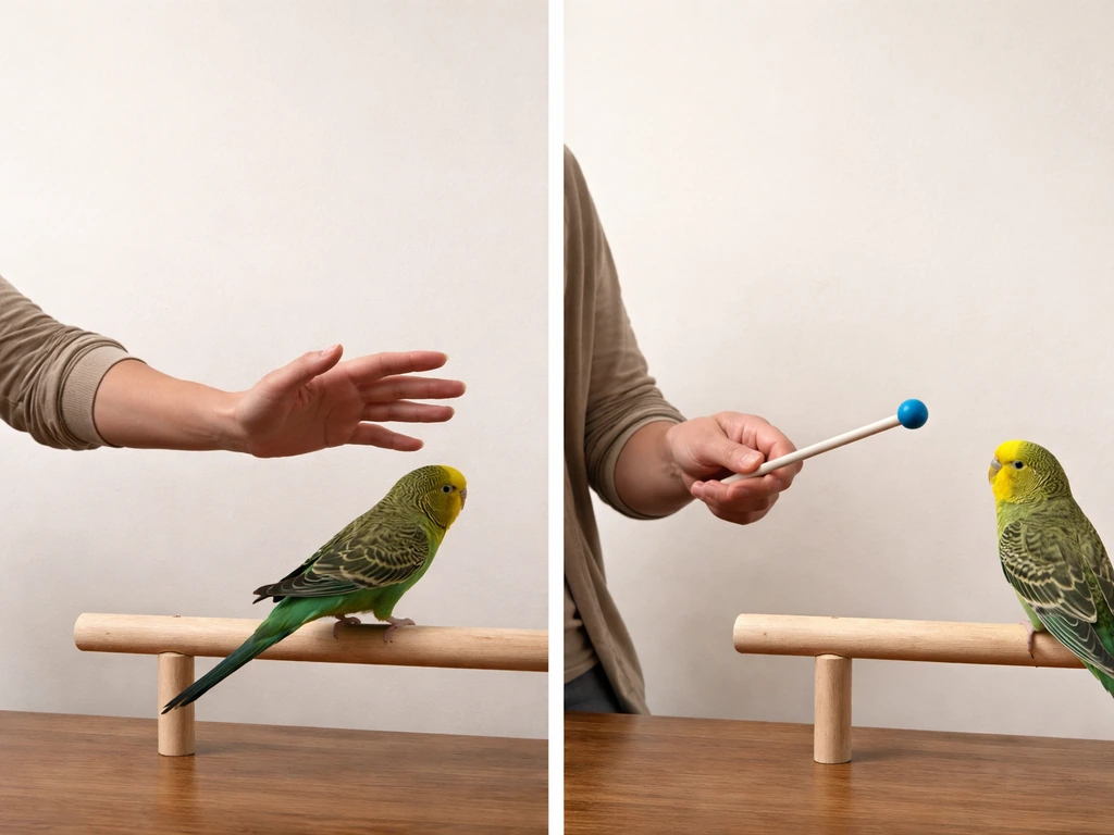 Two-animal training scene: trainer calmly waiting during poor recall vs using a target stick to guide the bird.