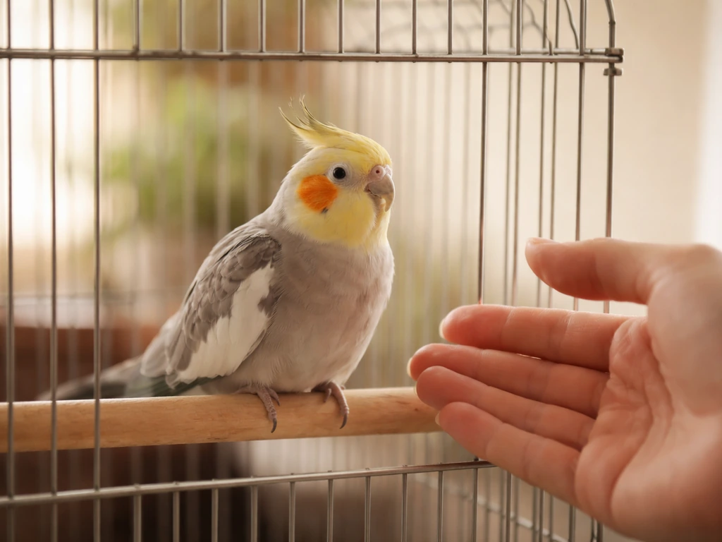 Calm pet bird in its cage with a gentle hand held nearby, showing trust-building for starting a bird