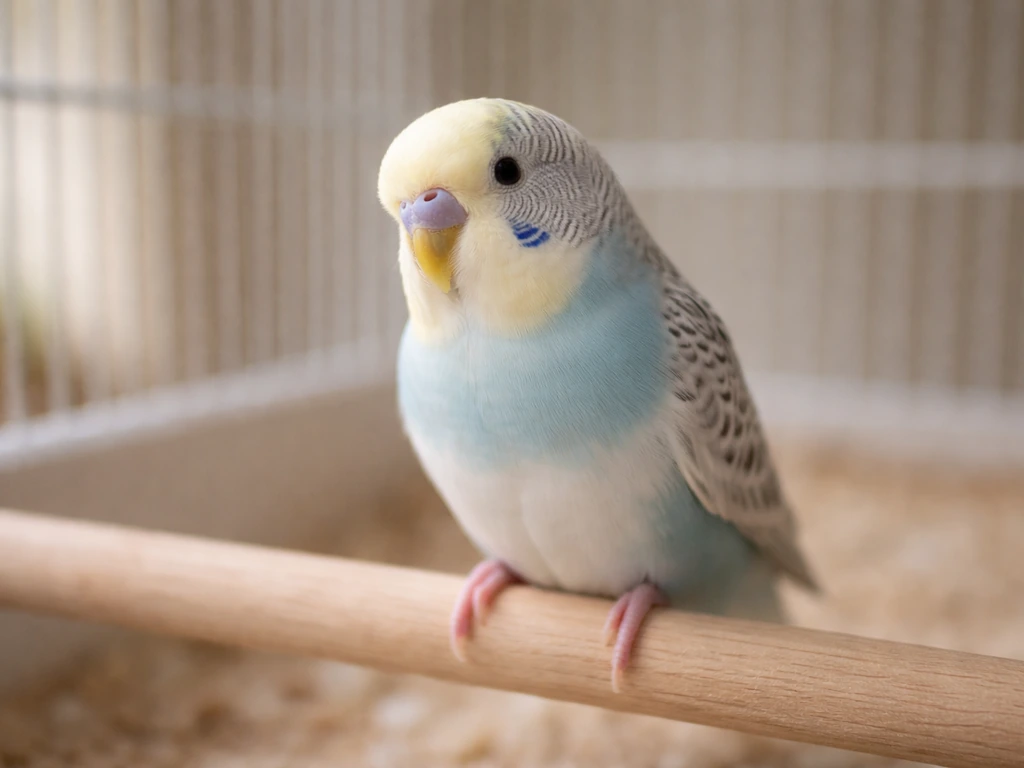 A calm, relaxed small bird perched in its cage, feathers smooth and held close, looking curious.