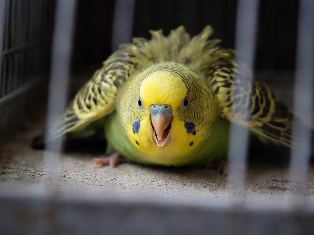 A small bird in a cage crouches tense with wings held away, cage bars visible, looking fearful.