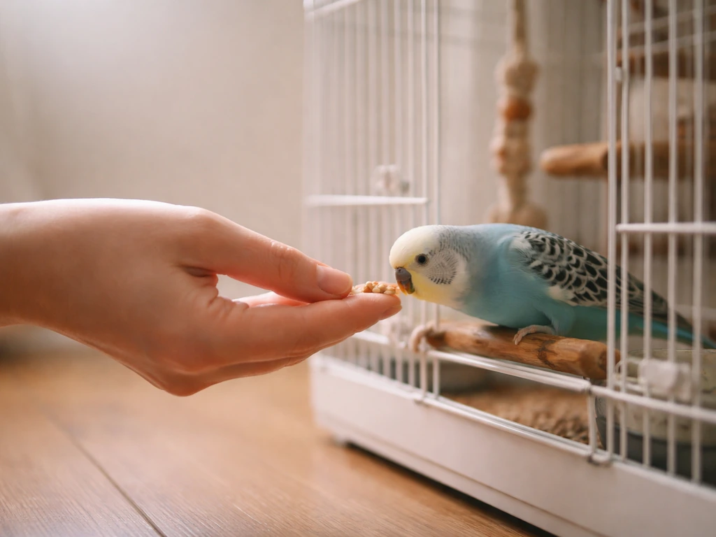 A calm small bird takes a treat from an anonymous hand near its open cage door.