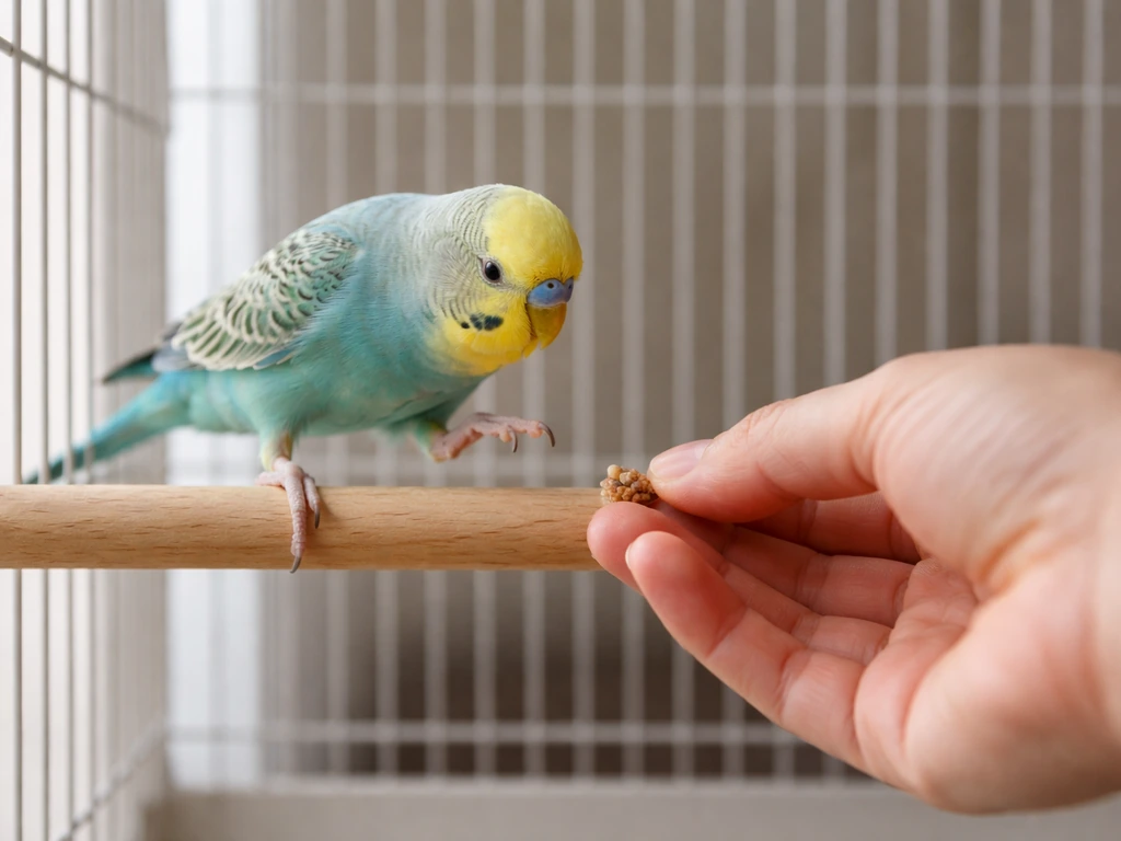 Small parrot stepping onto a short perch inside a simple cage setup, hand offered at bird level