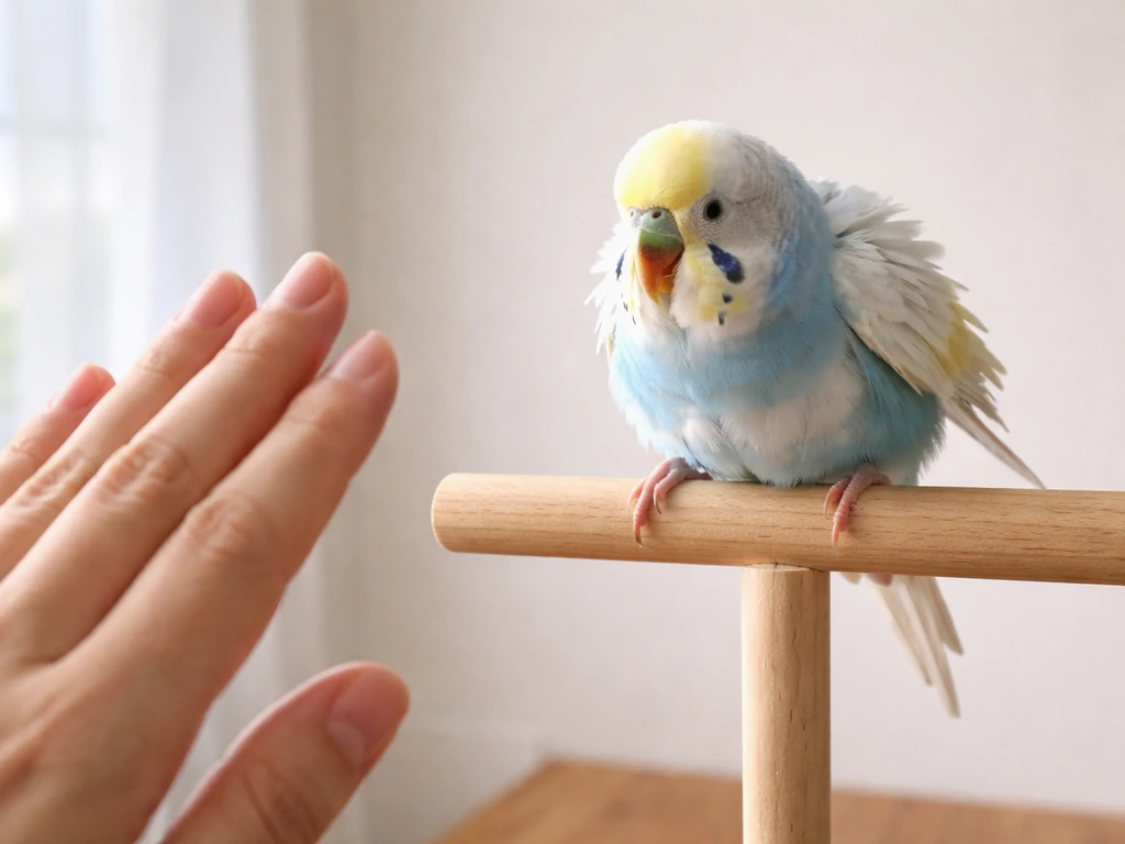 A person’s hand held back near a budgie in a calm, safe handling posture with space and boundaries.