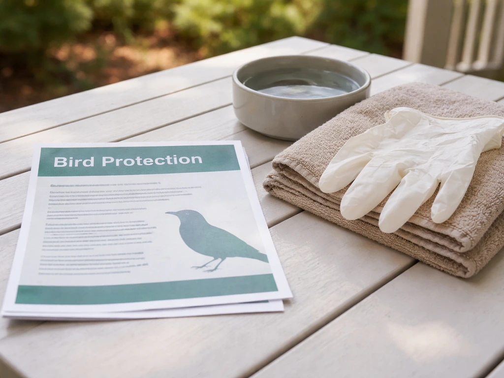 Government-style leaflet pinned near bird-safe supplies, suggesting legal protection for migratory birds.