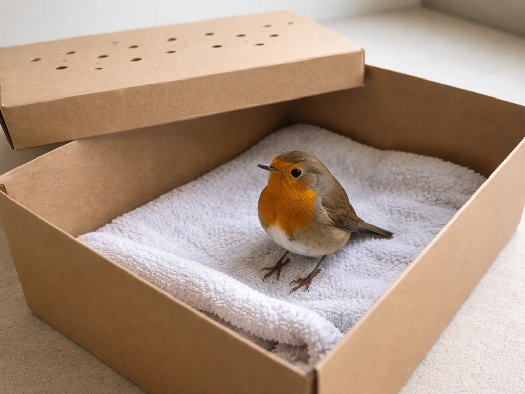 Robin temporarily contained in a ventilated shoebox lined with a soft towel
