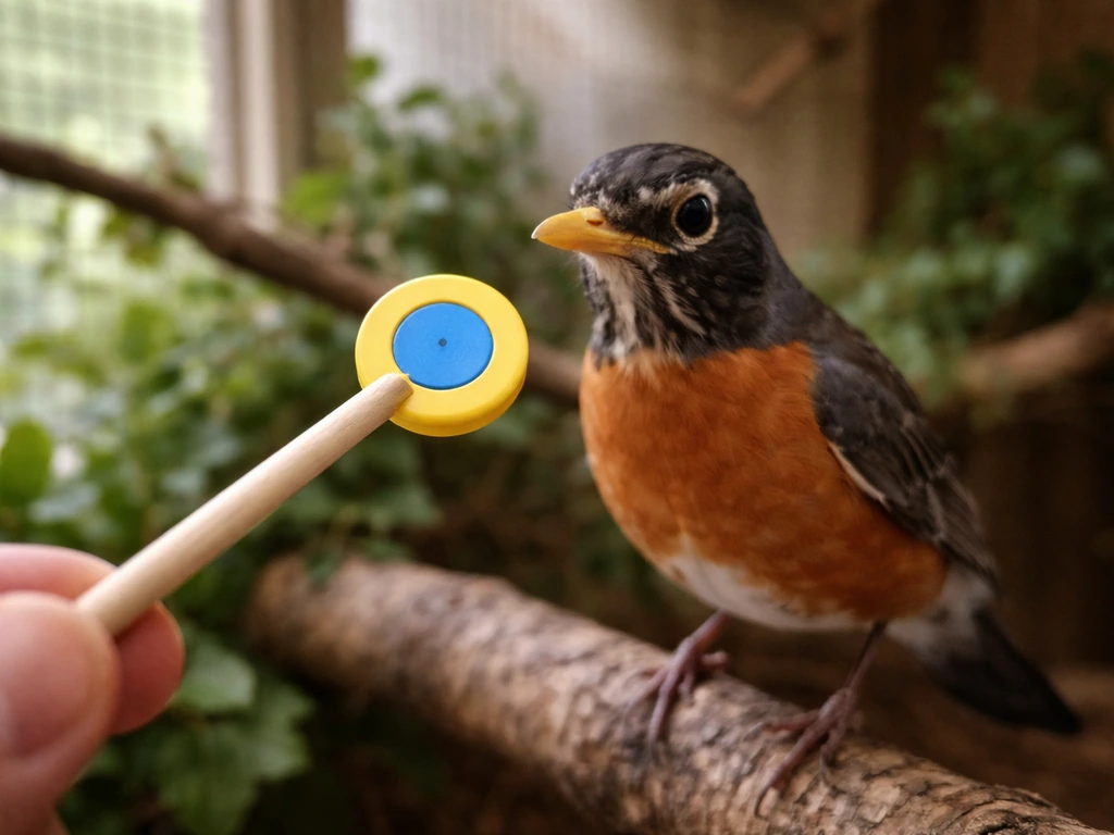 Close-up of a small colored target disc on a stick held near a robin inside a quiet enclosure