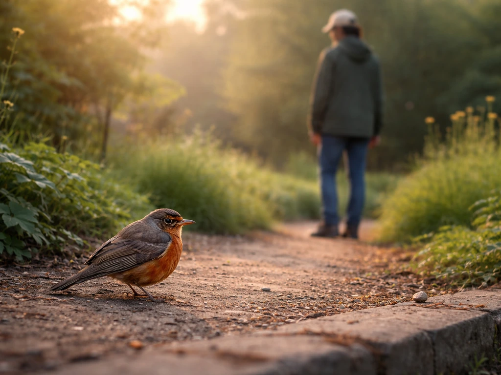 Trainer stands back while a robin fluffs and retreats, showing fear-based behavior during troubleshooting.