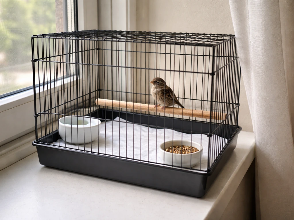Calm small bird perched in a secure foster cage with fresh water and food on a quiet windowsill.