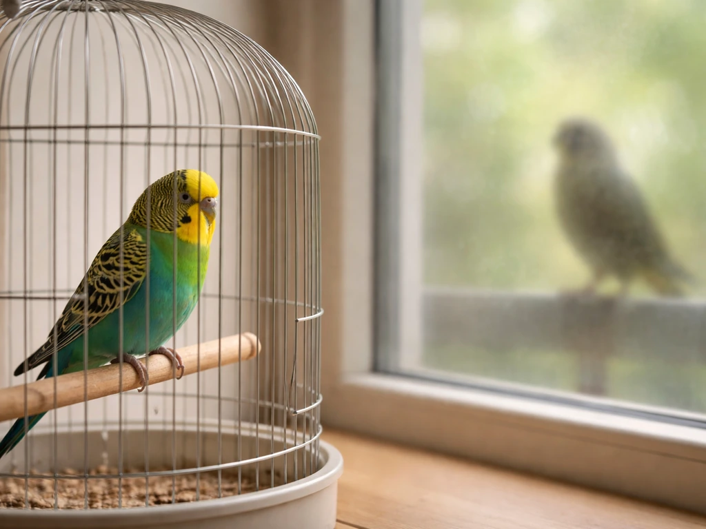A small caged pet-like parakeet near a perch, with a safer barrier separating it from a wild-looking bird silhouette.
