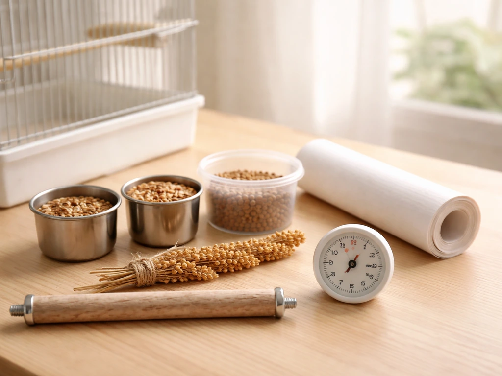 Bird-feeding and housing essentials neatly arranged on a wooden table beside a clean cage.