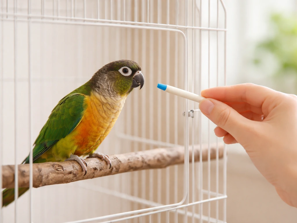 Trainer offers a small target near a parrot on a perch inside a simple cage, without grabbing it.