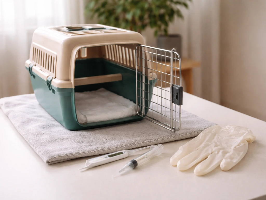 Table setup with an open bird carrier, thermometer, and feeding items for an urgent vet-style check