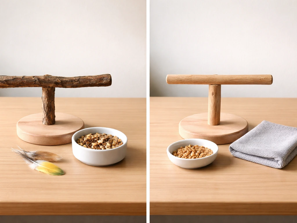 Two adjacent bird setups on a tabletop: pet perch area vs separate training setup, no birds visible.
