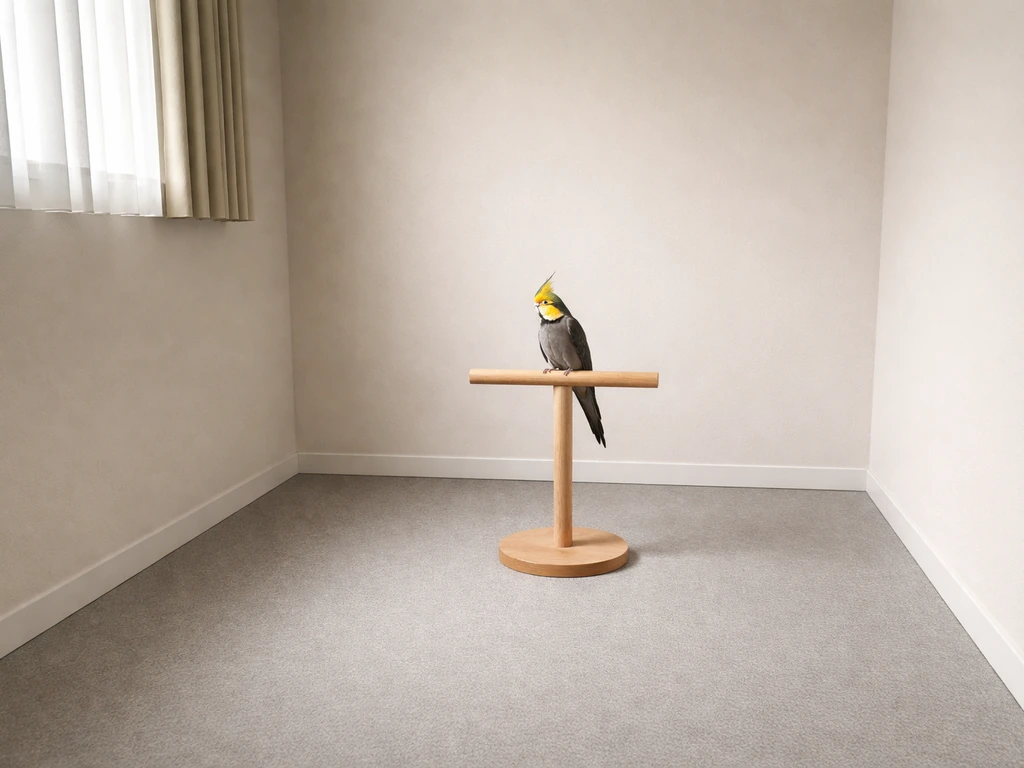 Small enclosed bird training room with windows covered, door closed, and a bird perched with clear open flight space.