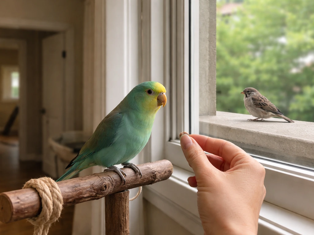 Indoor pet parrot on a perch while a wild bird stays at a safe distance outside the window