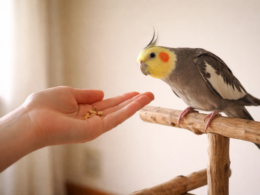 Hesitant pet bird on a perch as hands offer a treat to suggest returning to a safe step.