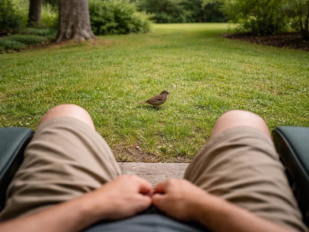 Person seated a few feet from a small bird on grass, quietly observing for breathing and bleeding signs.