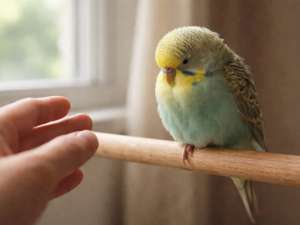 Pet bird perched with fluffed feathers and half-closed eyes while a nearby hand monitors gently.