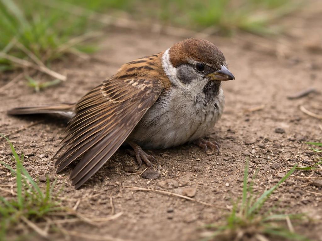 Close-up of a small bird on the ground with one wing sagging at an abnormal angle.