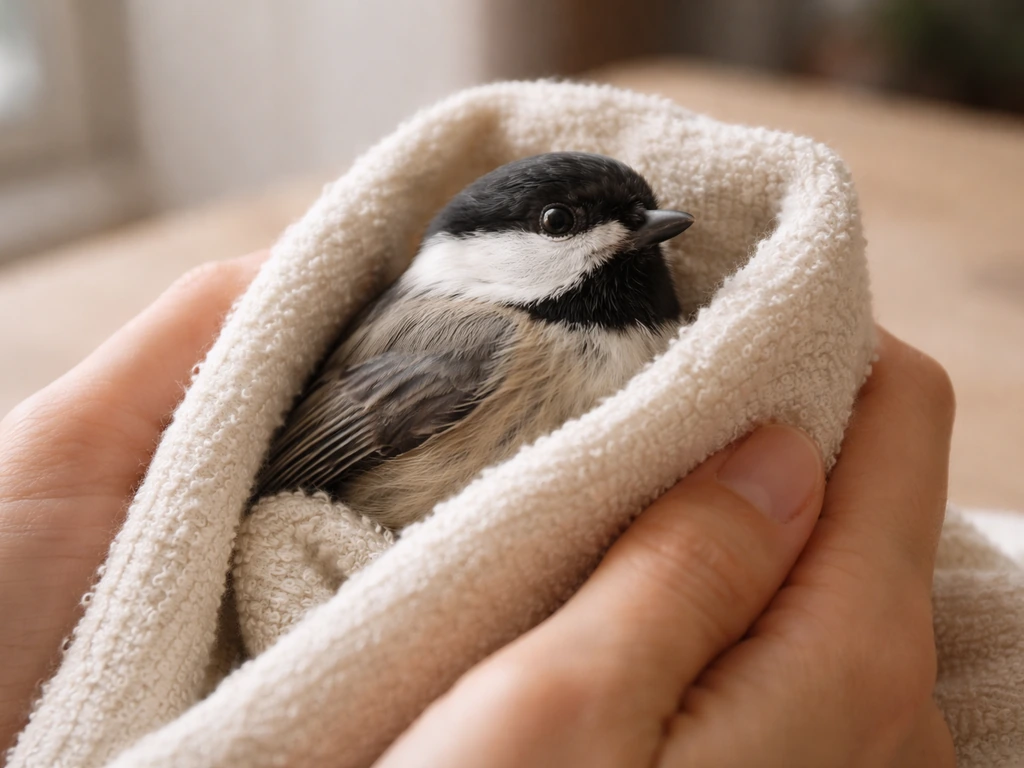 Hands gently cradle a small bird with a soft towel, wings supported close to its body.