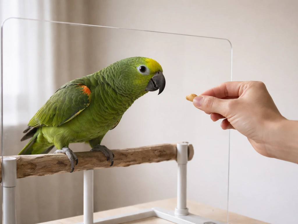Relaxed parrot perched near a barrier while a handler offers a treat safely from a distance.