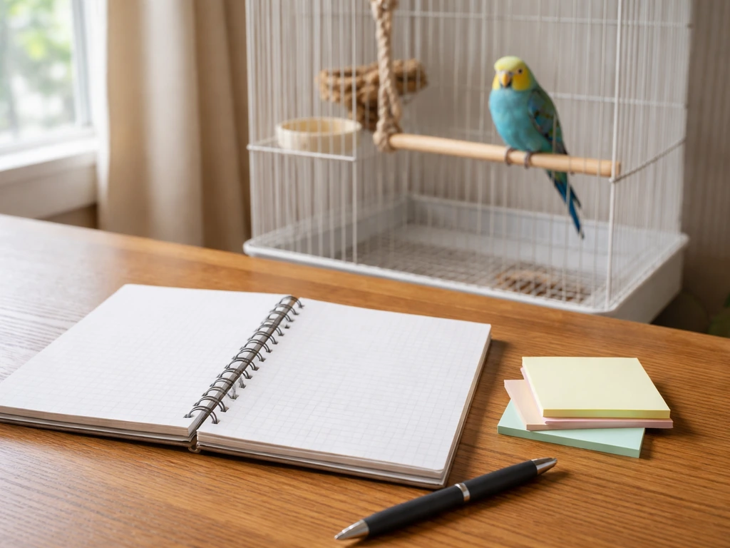 Small parakeet perched beside an open bird observation notebook and pen in soft natural light.