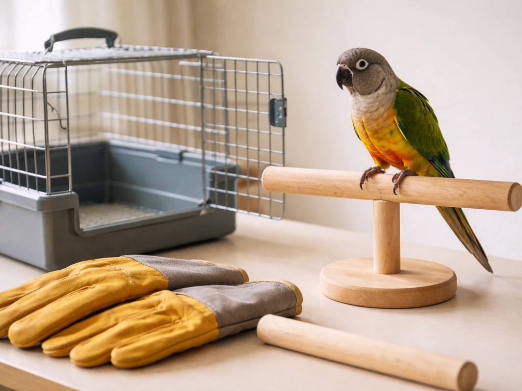 Calm parrot on a perch beside an open carrier, with long gloves and a barrier perch for safe handling.