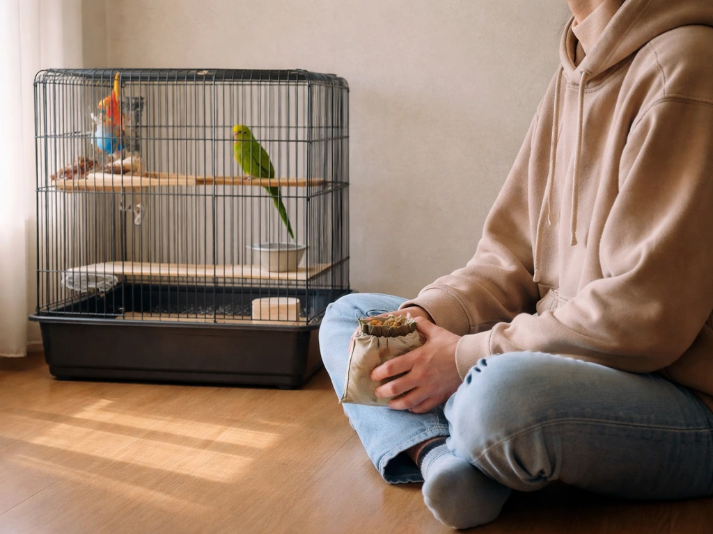 Anonymous person seated calmly beside a bird cage, offering no direct handling to build trust.