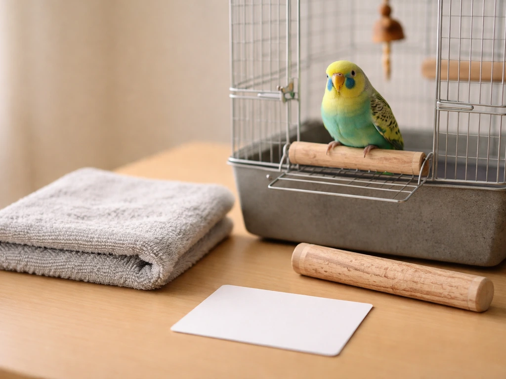 Close-up of a small bird perched near a quiet cage setup with humane handling tools on a table