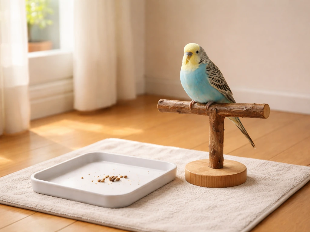 Small companion parakeet perched beside a designated poop-spot tray in a safe, bright home setting.