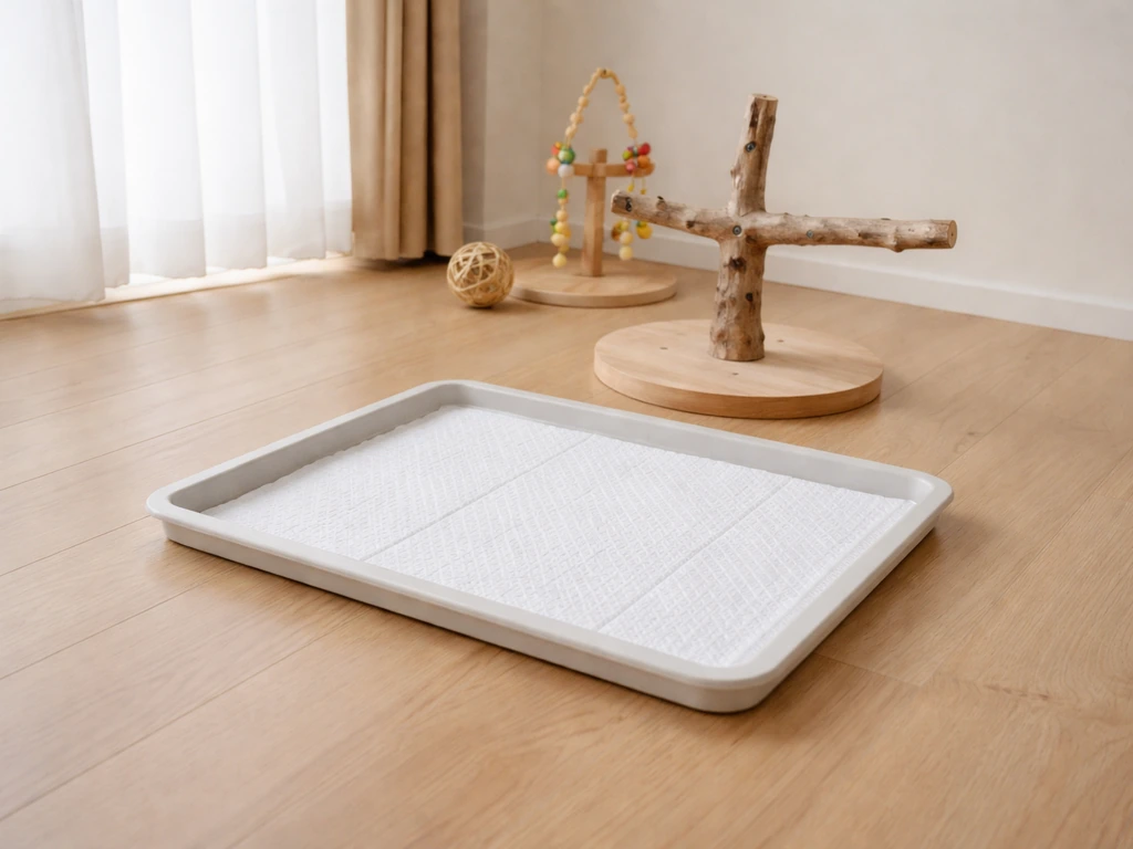 Shallow tray poop-spot next to a perch in a bright, tidy bird play area with clear floor safety space.