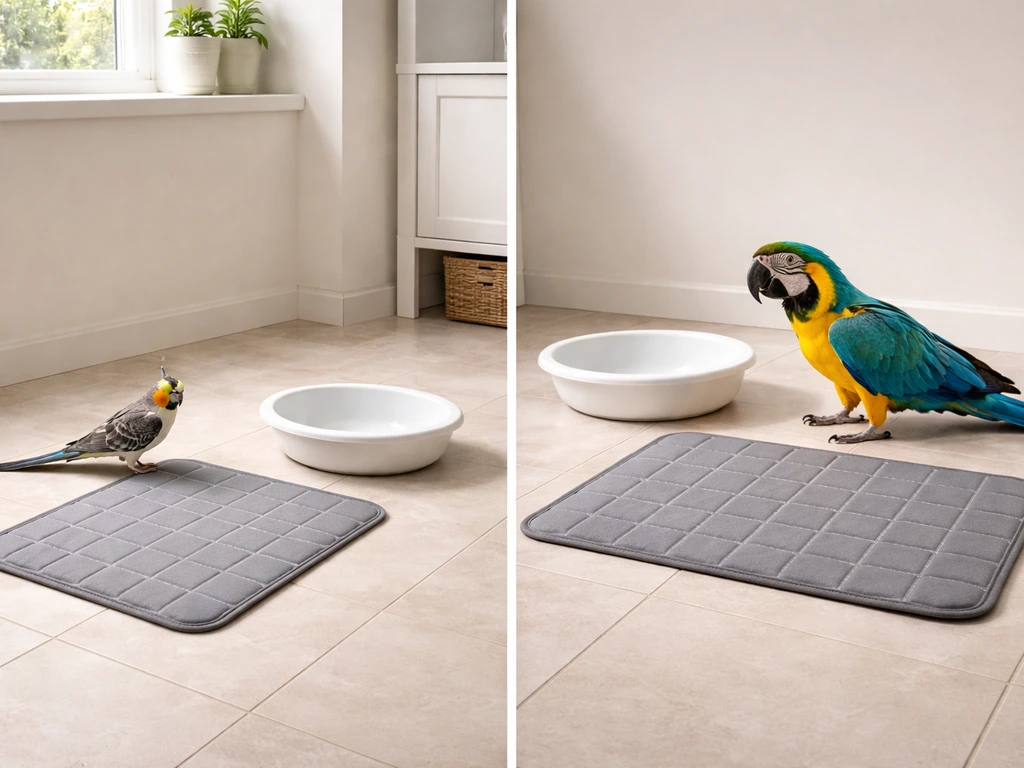 Two anonymous pet birds near separate bathroom-spot mats, showing small vs larger species setups.