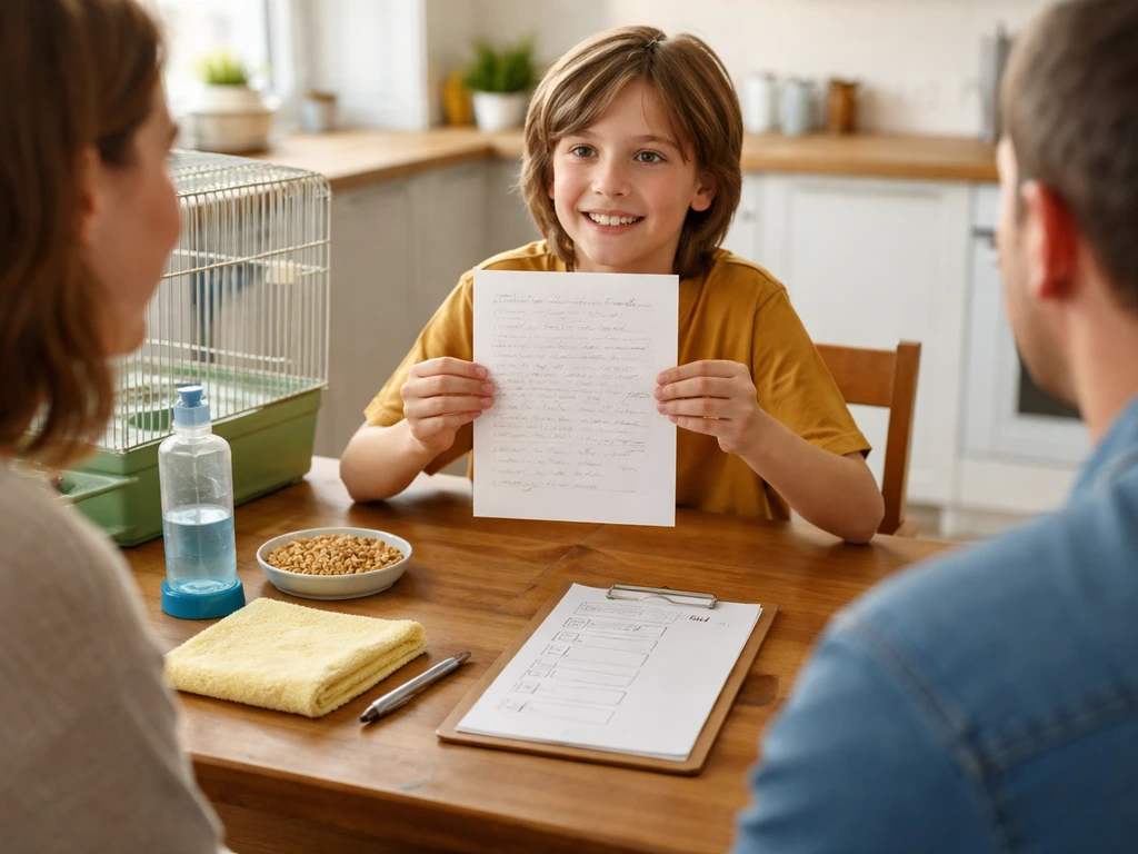 A child at a kitchen table presents blank bird-care notes to parents with bird supplies nearby.