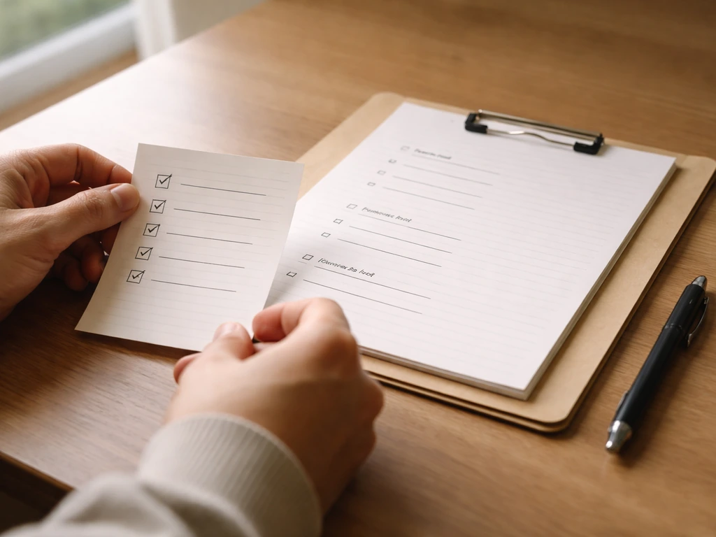 Close-up of a written bird plan checklist on paper beside notes and a folder, ready to pitch