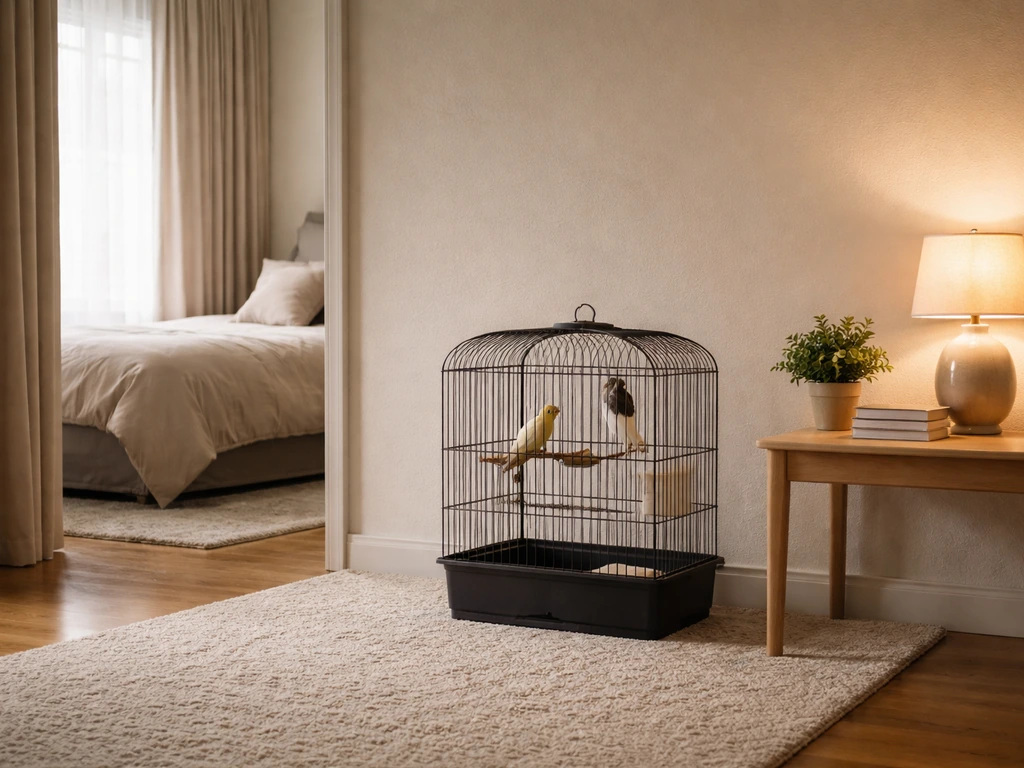 Small bird in a modest cage placed in a quiet living room corner