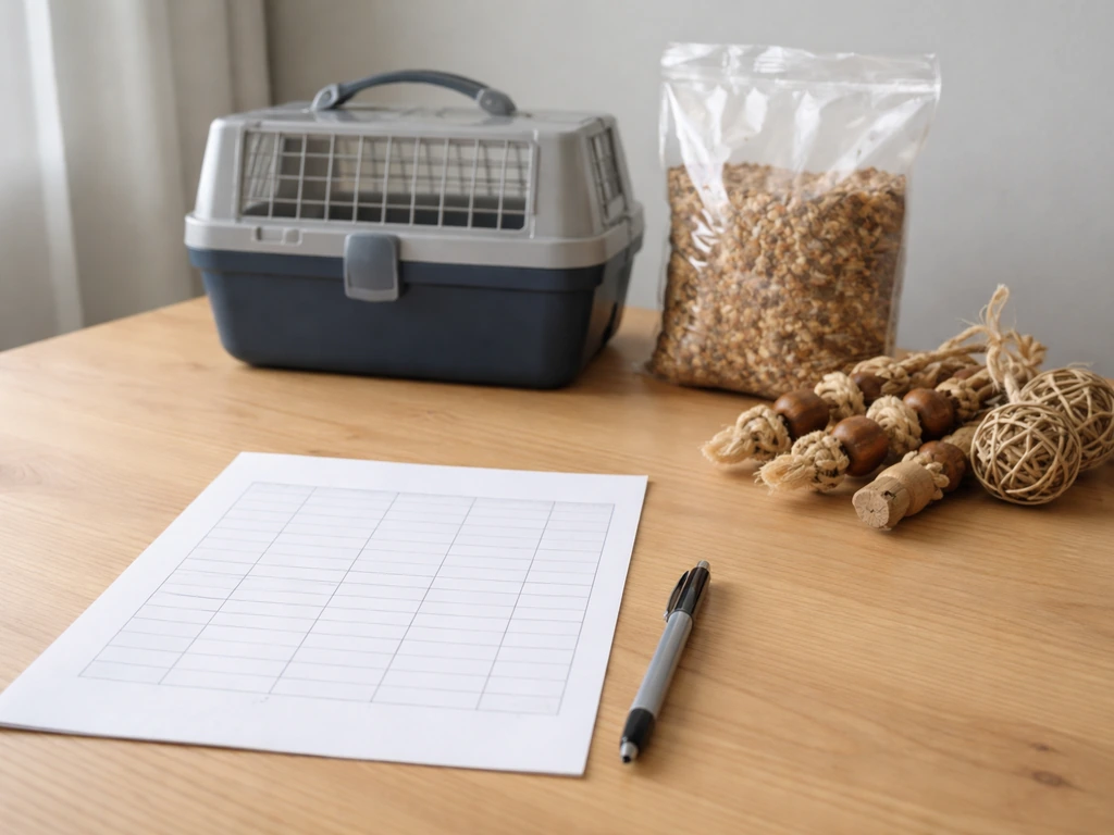 Budget sheet beside bird supplies—carrier, food, and toys on a wooden desk.