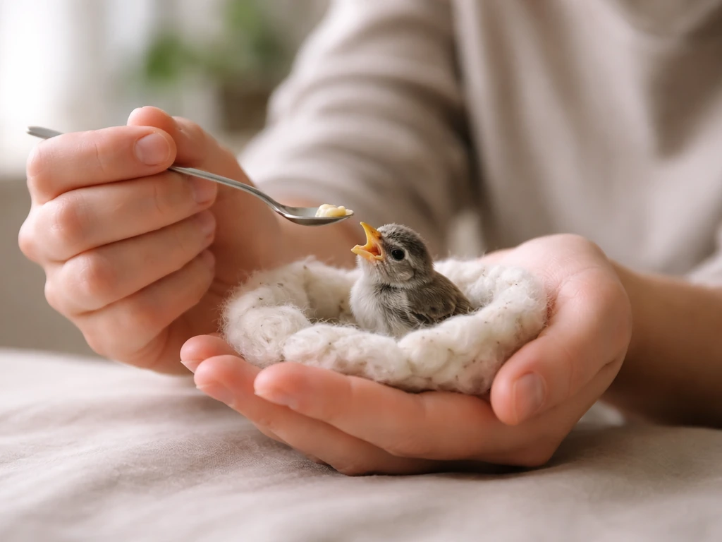 A person’s hands gently hand-feed a tiny baby bird while supporting it in a soft nest.