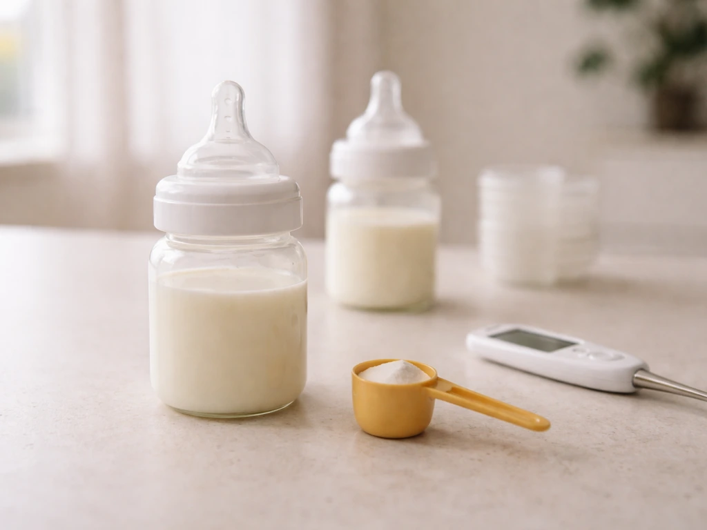 Minimal tabletop with baby formula bottle and thermometer, indicating feeding preparation and consistency.