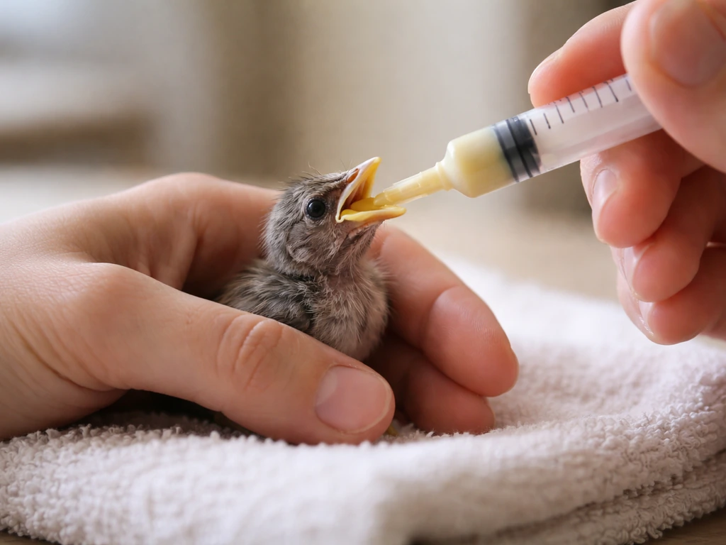 Person’s hand gently holding a small bird upright on a padded surface while feeding formula beside its beak.