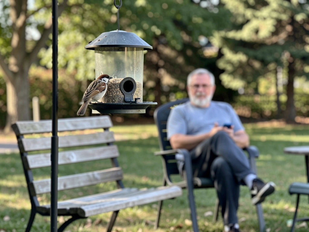 Living room corner with bird cage positioned at eye level and a consistent routine vibe