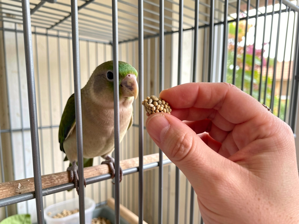 Close-up of a hand offering a high-value treat through cage bars without reaching in forcefully
