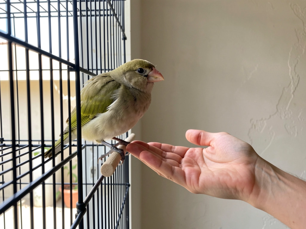 Side-by-side sequence feel: bird showing relaxed slow-blink cues while near the person’s hand for step-up