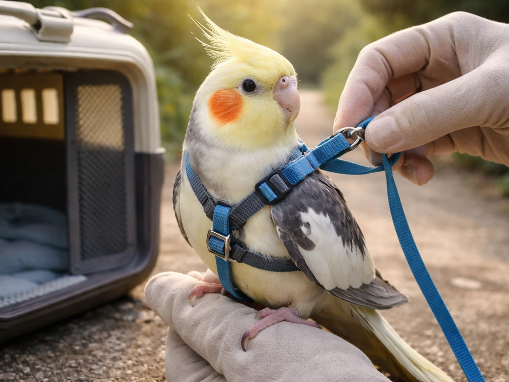 Small pet bird calmly wearing a fitted harness near a ventilated carrier outdoors in soft natural light.