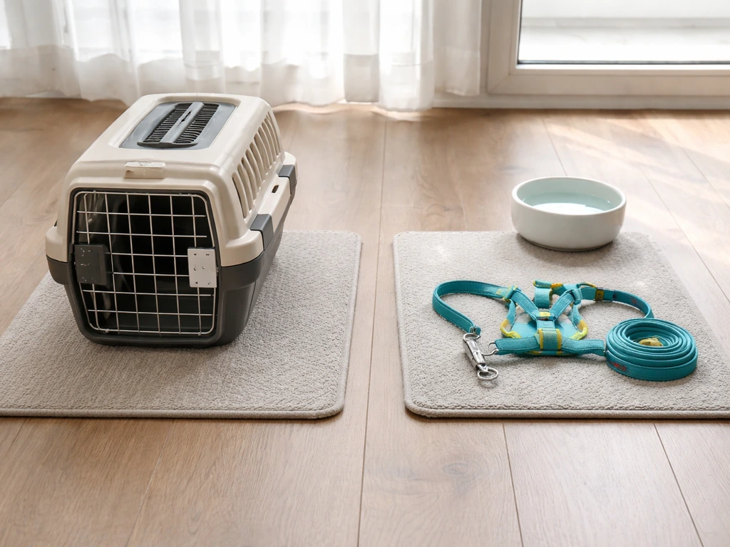Minimal tabletop setup comparing bird travel carrier and harness essentials with no text