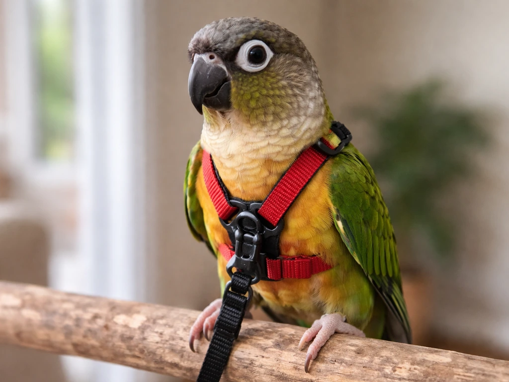 Close-up of a parrot wearing a fitted outdoor harness with attachment points visible, checked for proper fit.