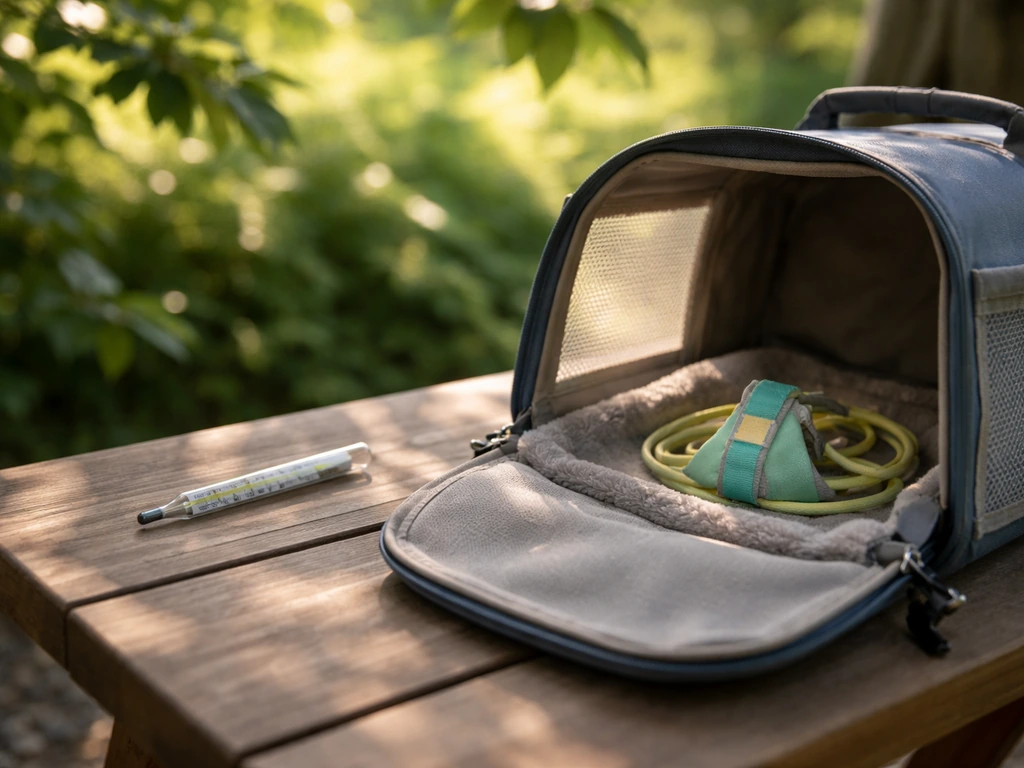 Thermometer in shade next to a calm pet bird carrier and harness outdoors in morning light