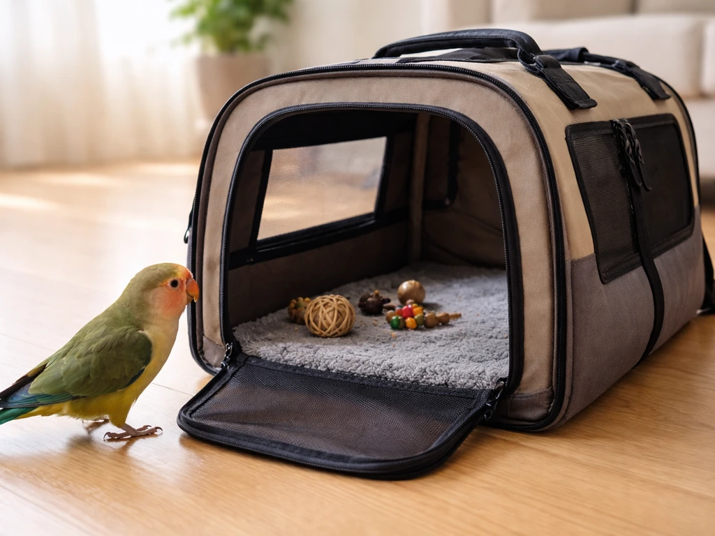 A curious parrot approaches an open carrier indoors with treats and a toy inside.